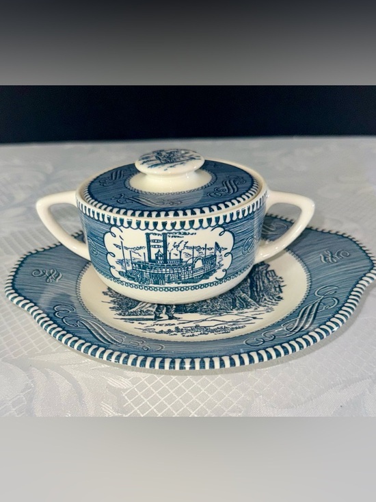 Currier & Ives Other - SOLD! -Currier & Ives Blue & White Sugar Bowl w/ Lid & Plate – Vintage